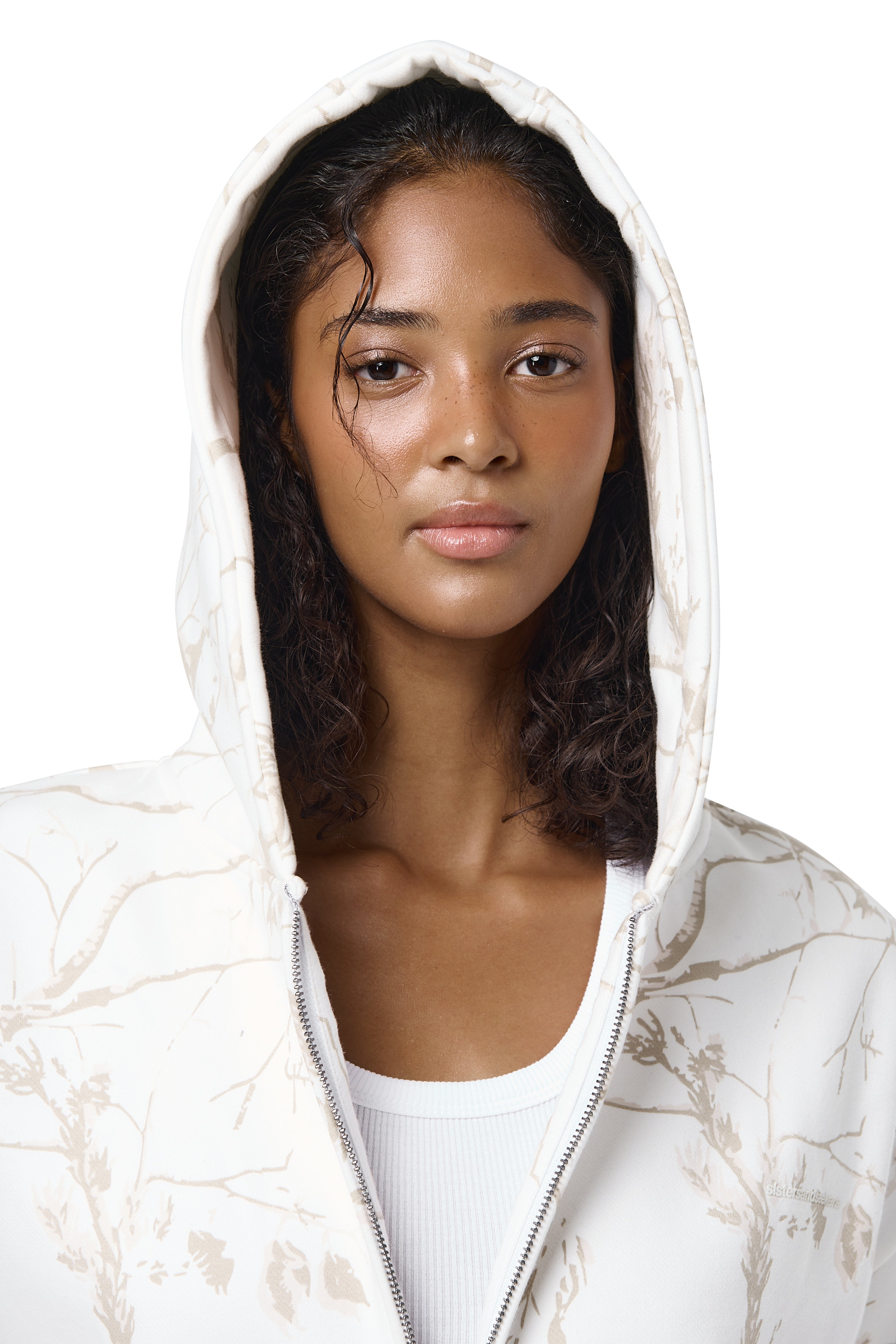 Off-White camouflage shrunken zip-up hoodie in a milky colour, featuring a twig-like print running through the design